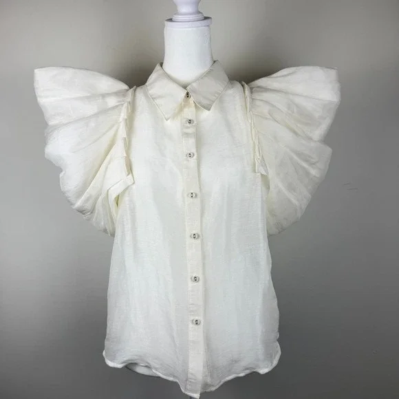 Aureta Linen Silk Puff Sleeve Blouse Women Medium Ivory Statement Button Down - Picture 3 of 10